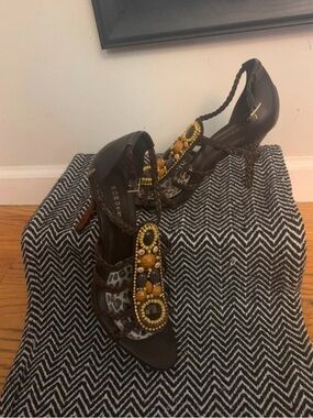 BCBG Brown Beaded Strappy Heels with Amber Accents